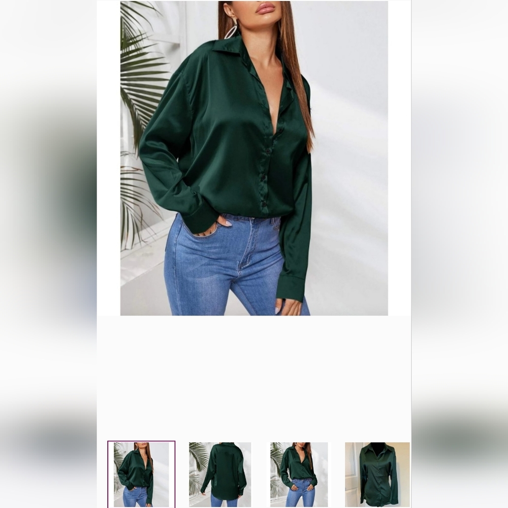 *NWOT* Emerald Satin Button Up Blouse